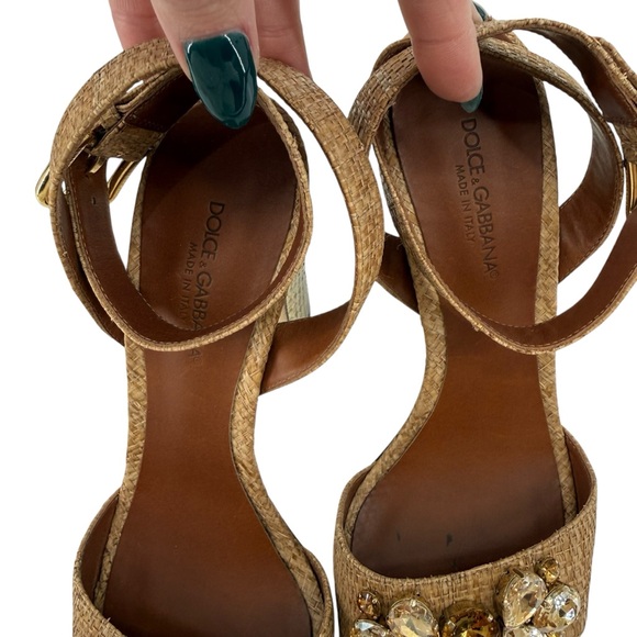 Dolce Gabbana Raffia Snakeskin Jeweled Block Heel Sandals Designer EU 40 US 10 - Picture 7 of 15